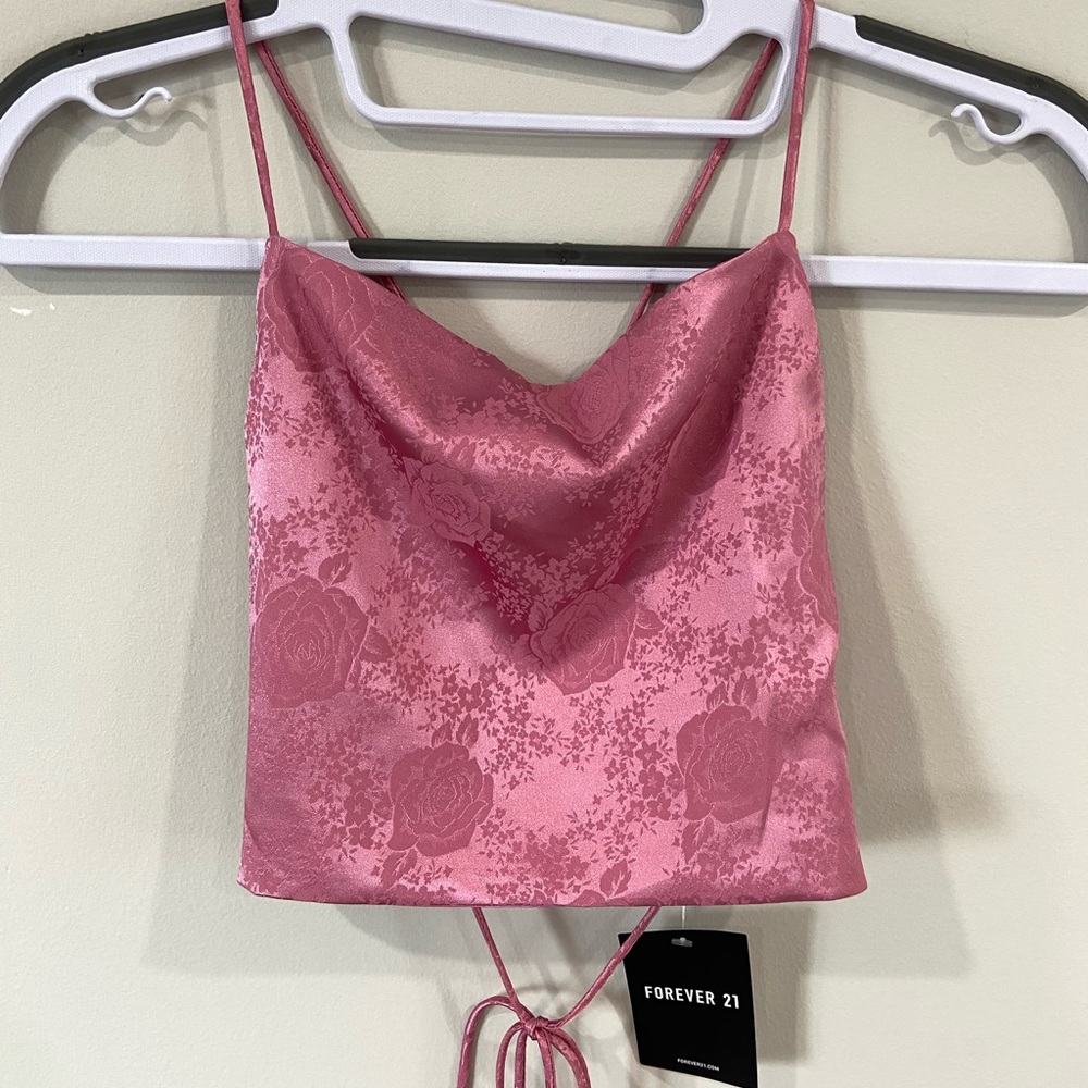 NWT Forever 21 Satin Pink Floral Lace Up Top